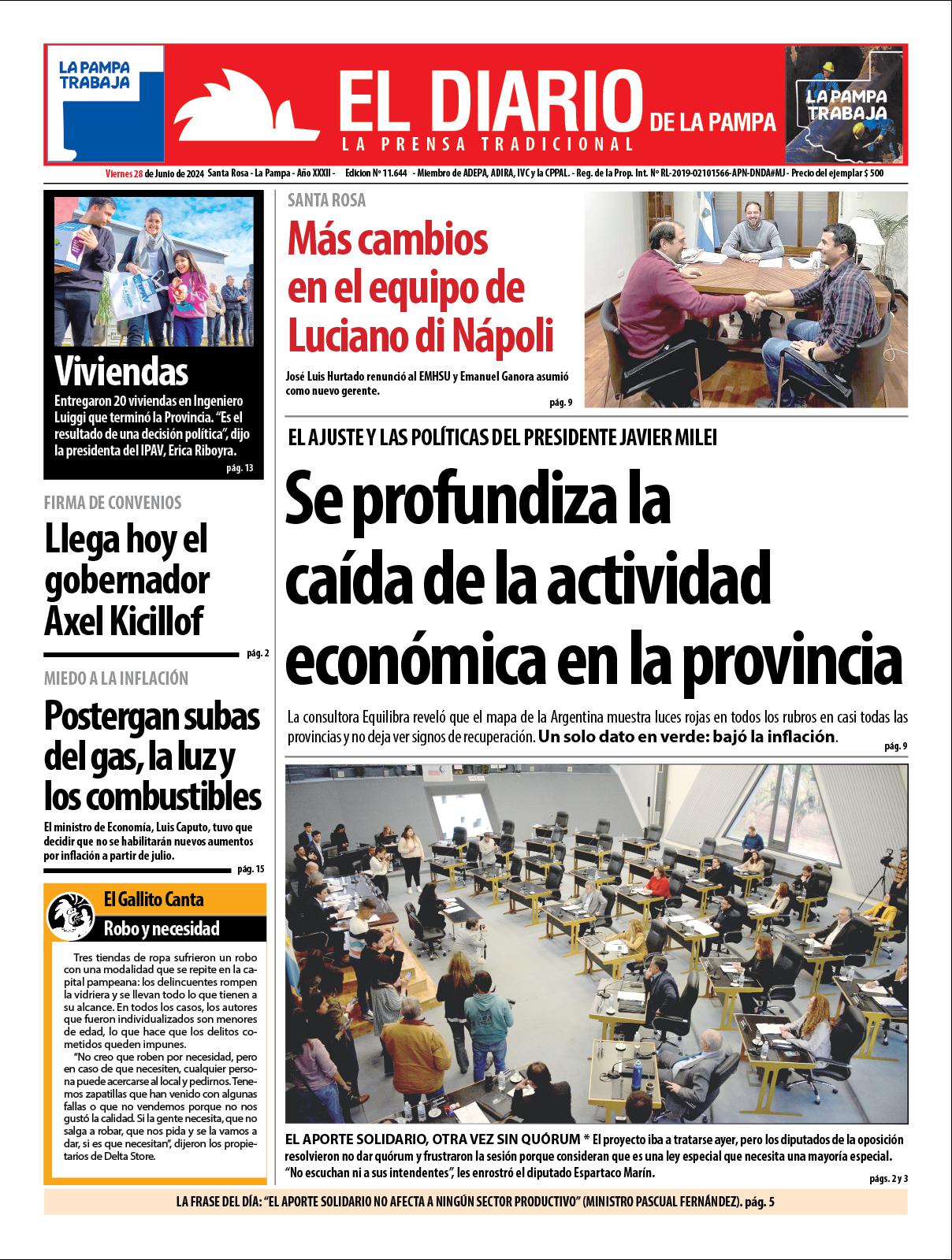 Tapa de El Diario en papel  viernes 28 de junio de 2024